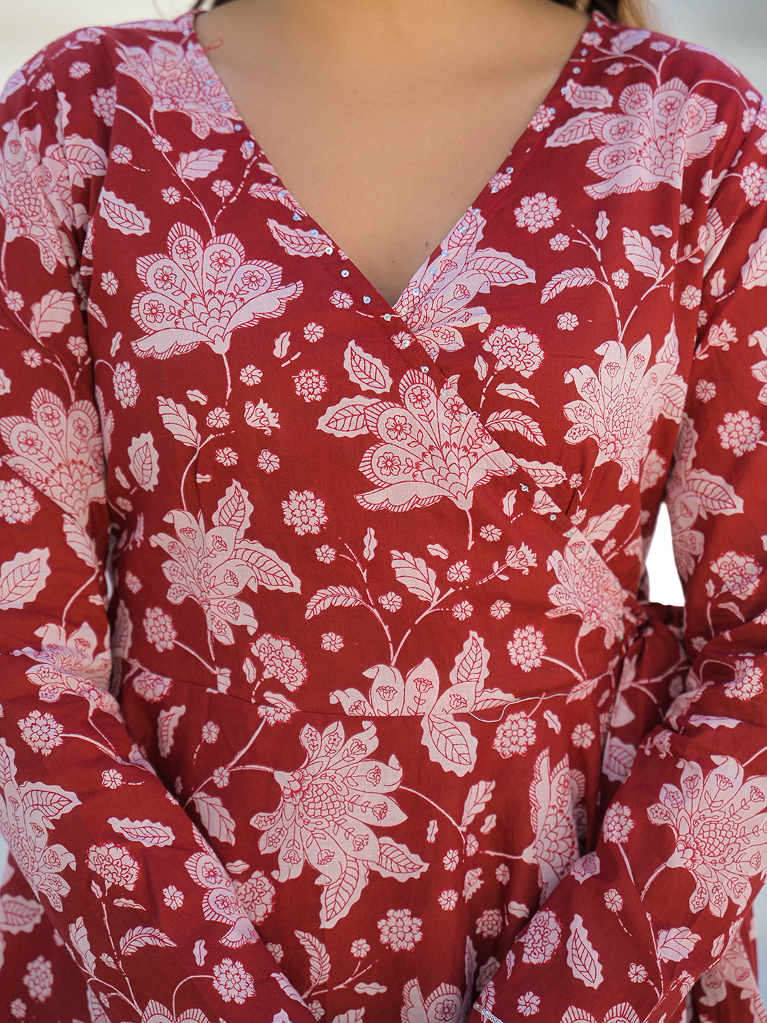 Maroon Anarkali Angrakha Floral Cotton Kurta Pant Sets