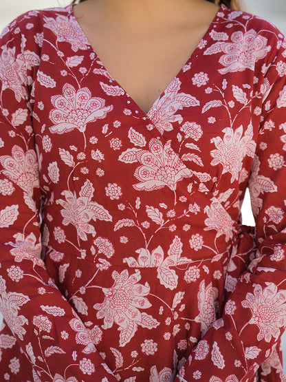 Maroon Anarkali Angrakha Floral Cotton Kurta Pant Sets