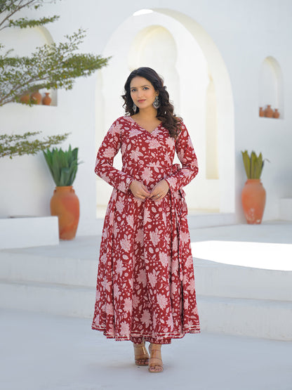 Maroon Anarkali Angrakha Floral Cotton Kurta Pant Sets