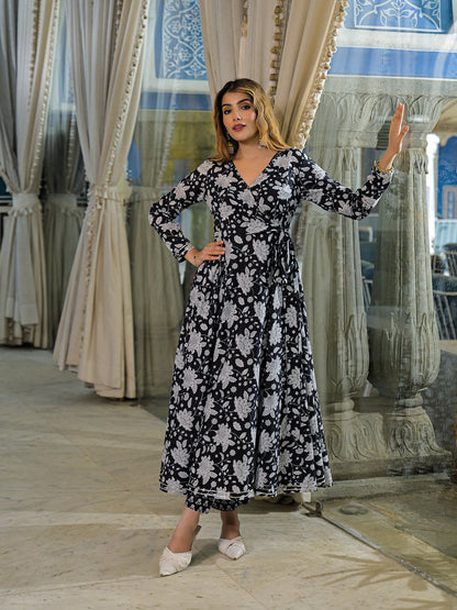 Black Floral Print Cotton Anarkali Kurta Pant Sets