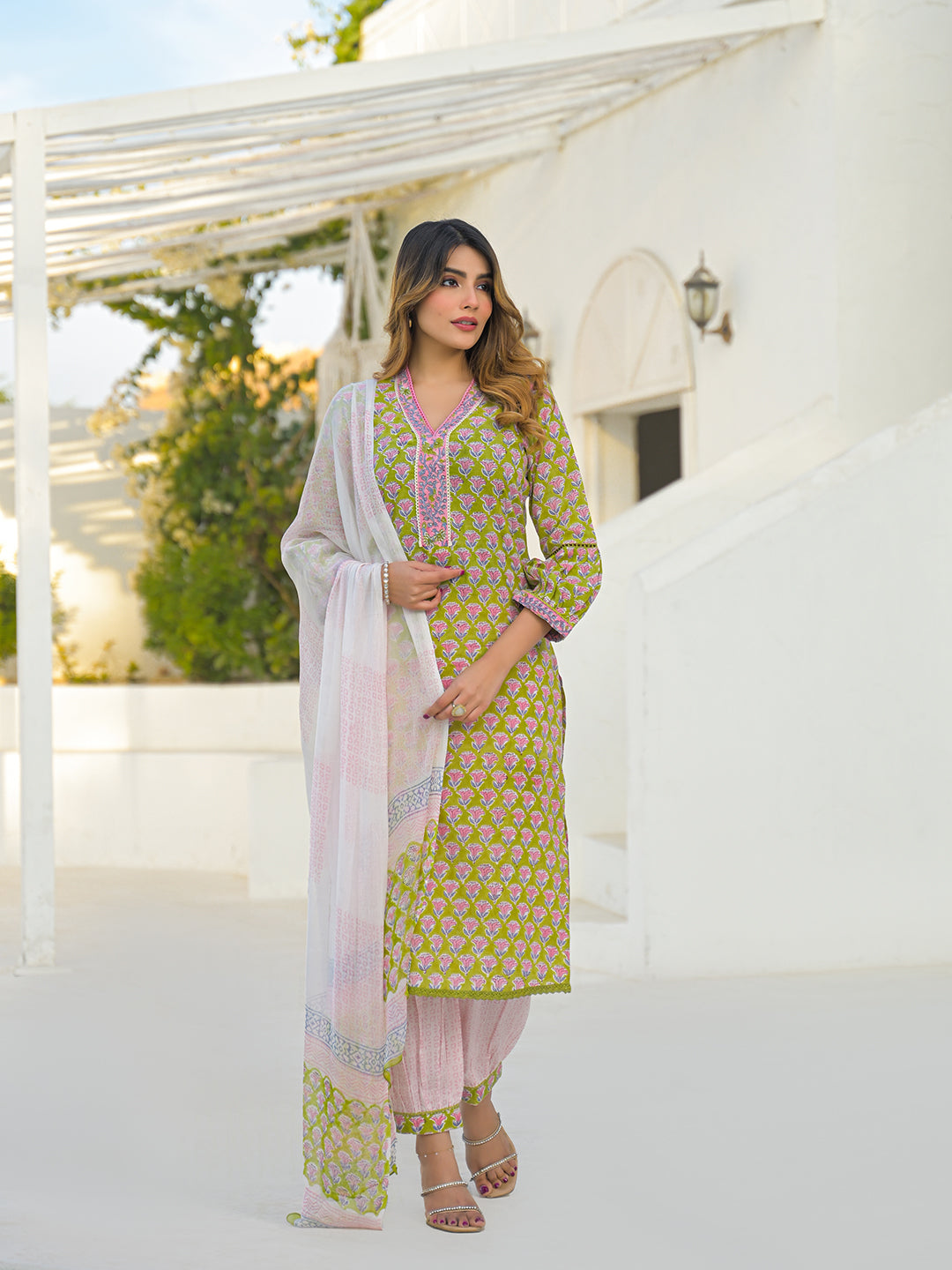 Green Hand Block Cotton Straight Kurta Pant Set With Dupatta