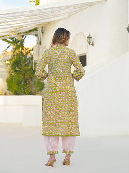 Green Hand Block Cotton Straight Kurta Pant Set With Dupatta