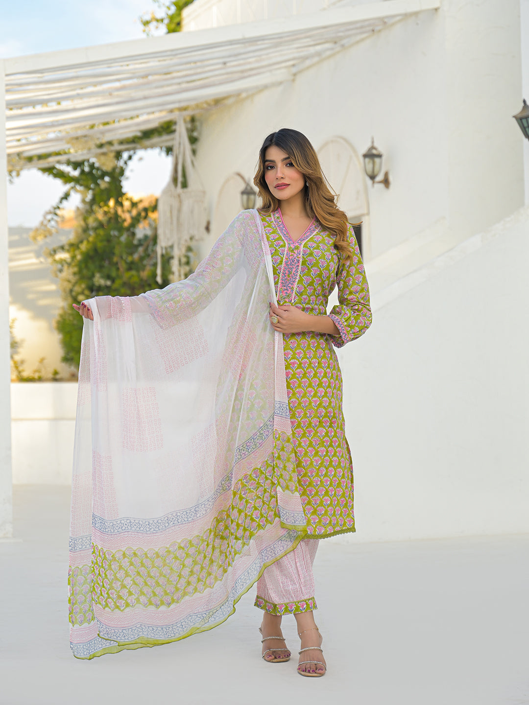 Green Hand Block Cotton Straight Kurta Pant Set With Dupatta