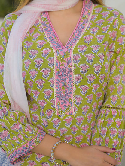 Green Hand Block Cotton Straight Kurta Pant Set With Dupatta