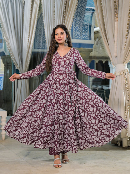 Burgundy Floral Print Cotton Anarkali Kurta Pant Set