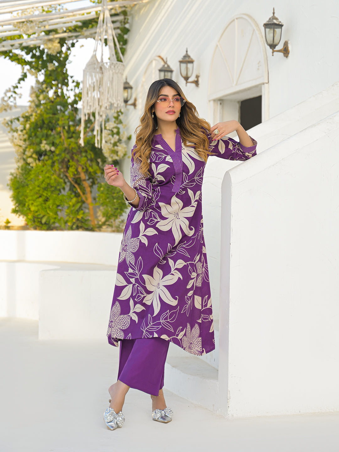 Purple V Neck A-Line Cotton Kurta Pant Sets