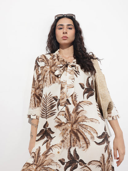 Cream Tie up Neck Rayon Maxi Dress