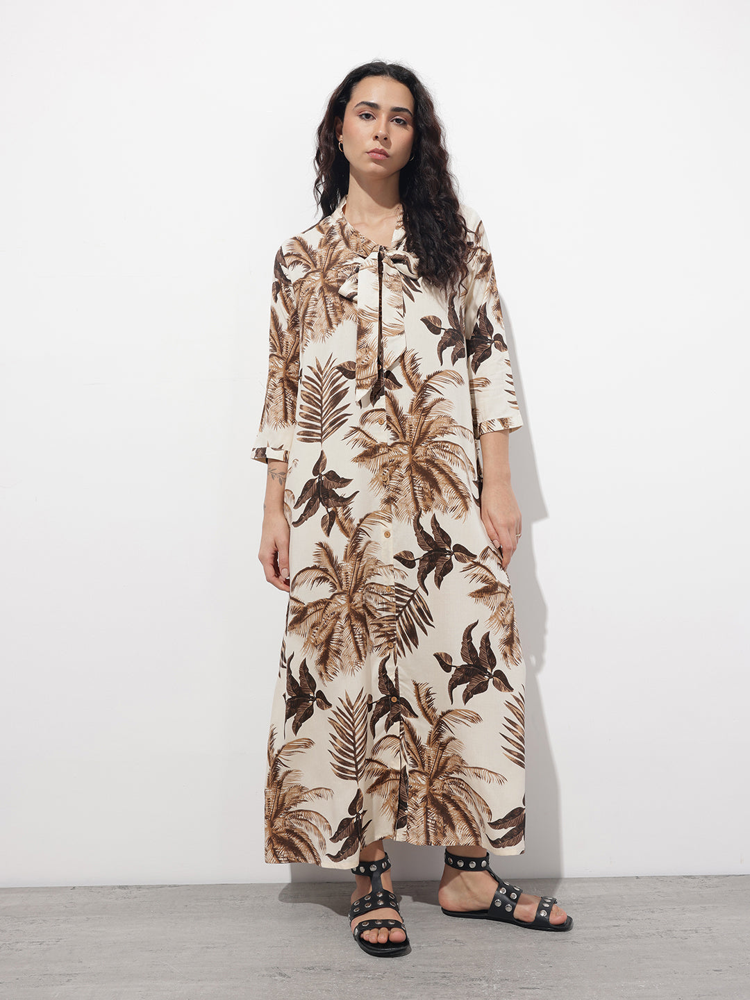 Cream Tie up Neck Rayon Maxi Dress