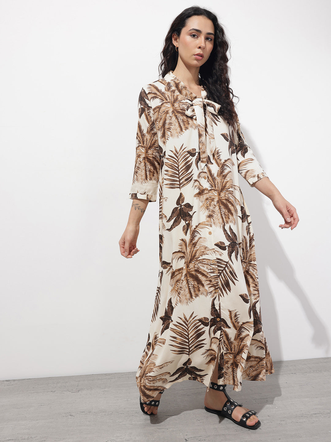 Cream Tie up Neck Rayon Maxi Dress