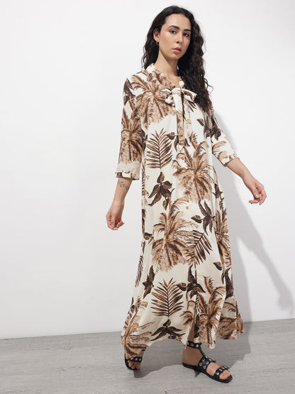 Cream Tie up Neck Rayon Maxi Dress