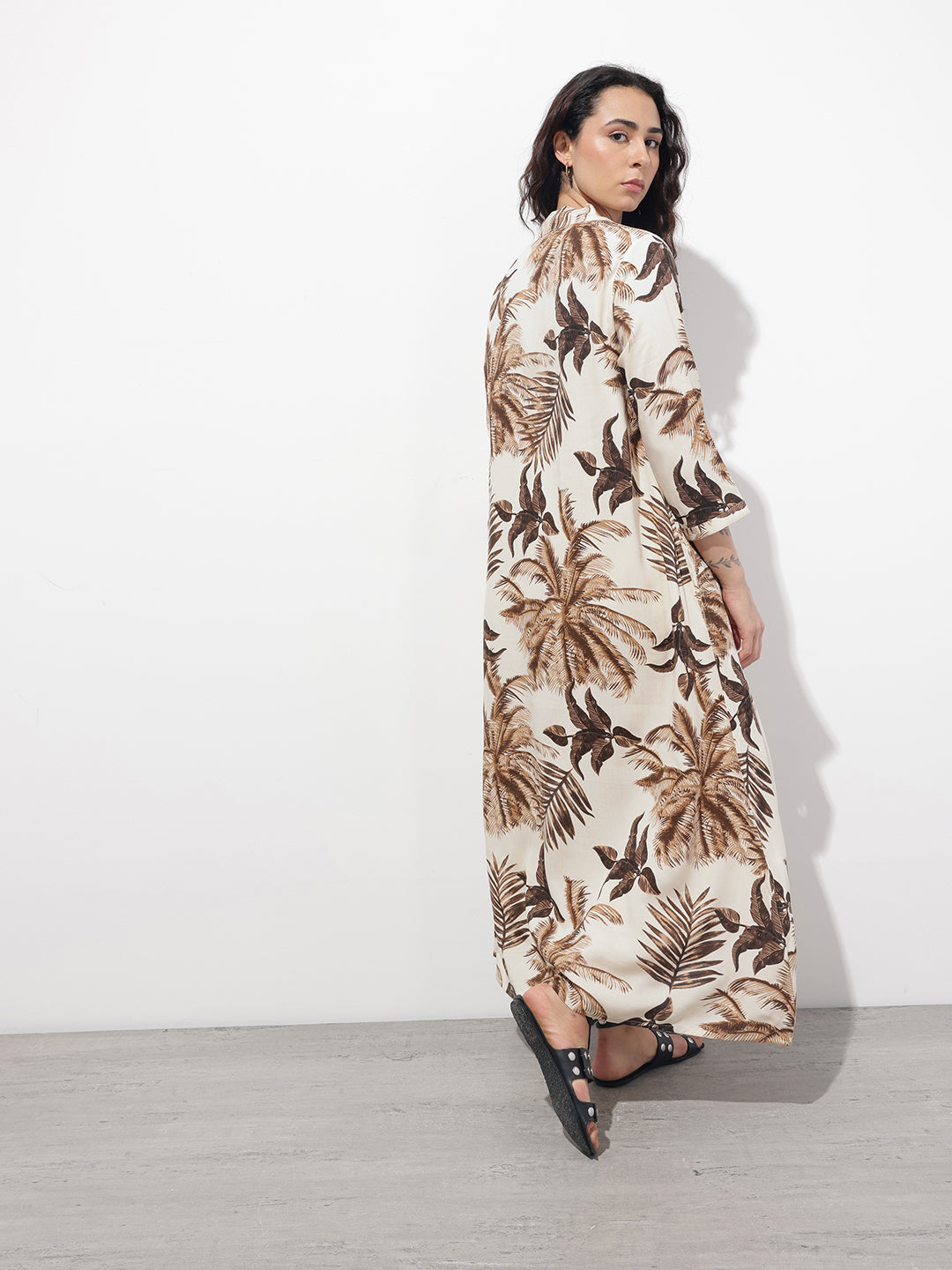 Cream Tie up Neck Rayon Maxi Dress