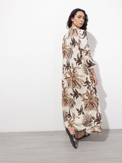 Cream Tie up Neck Rayon Maxi Dress
