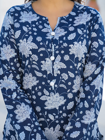 Blue Curved Hem Cotton Kurta Pant Sets