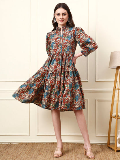 Multi Color Boat Neck Cotton Dress