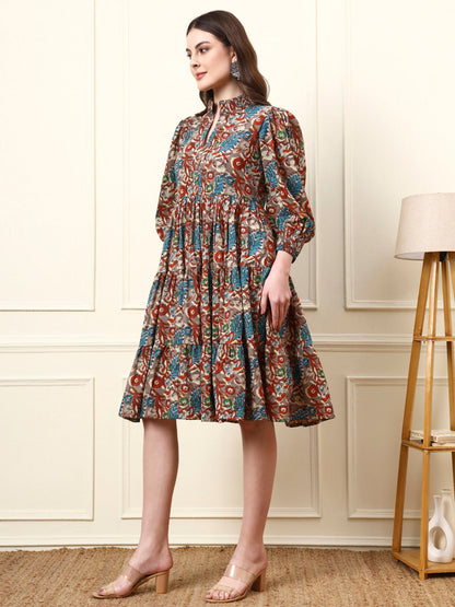 Multi Color Boat Neck Cotton Dress