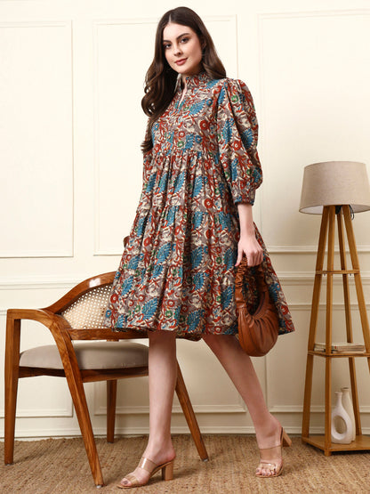 Multi Color Boat Neck Cotton Dress