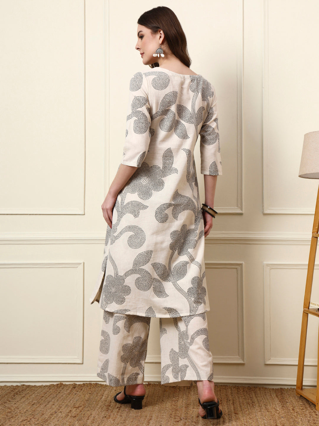 Off White Cotton Round Neck Kurta Palazzo Set