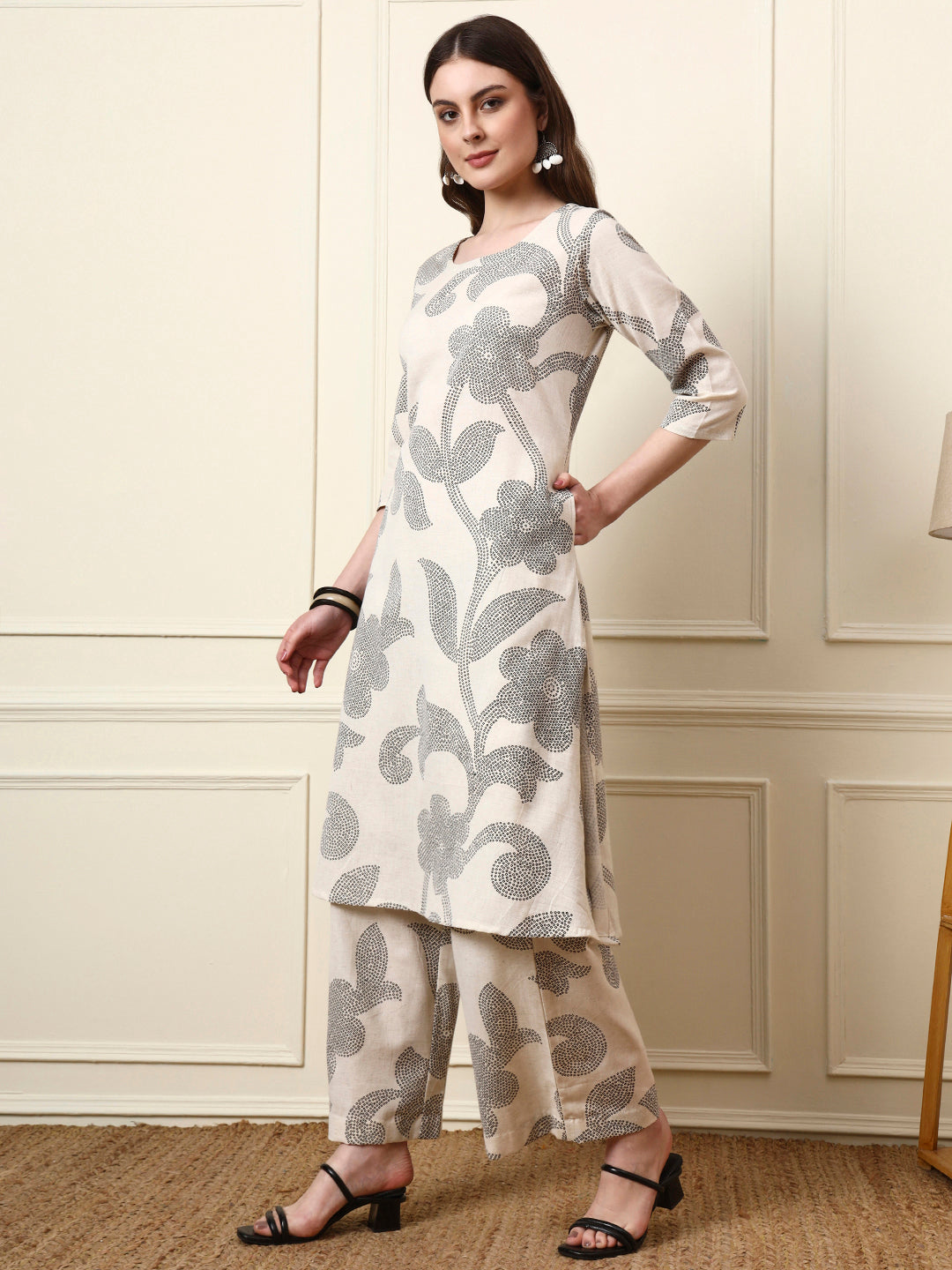 Off White Cotton Round Neck Kurta Palazzo Set
