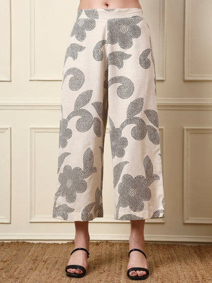Off White Cotton Round Neck Kurta Palazzo Set