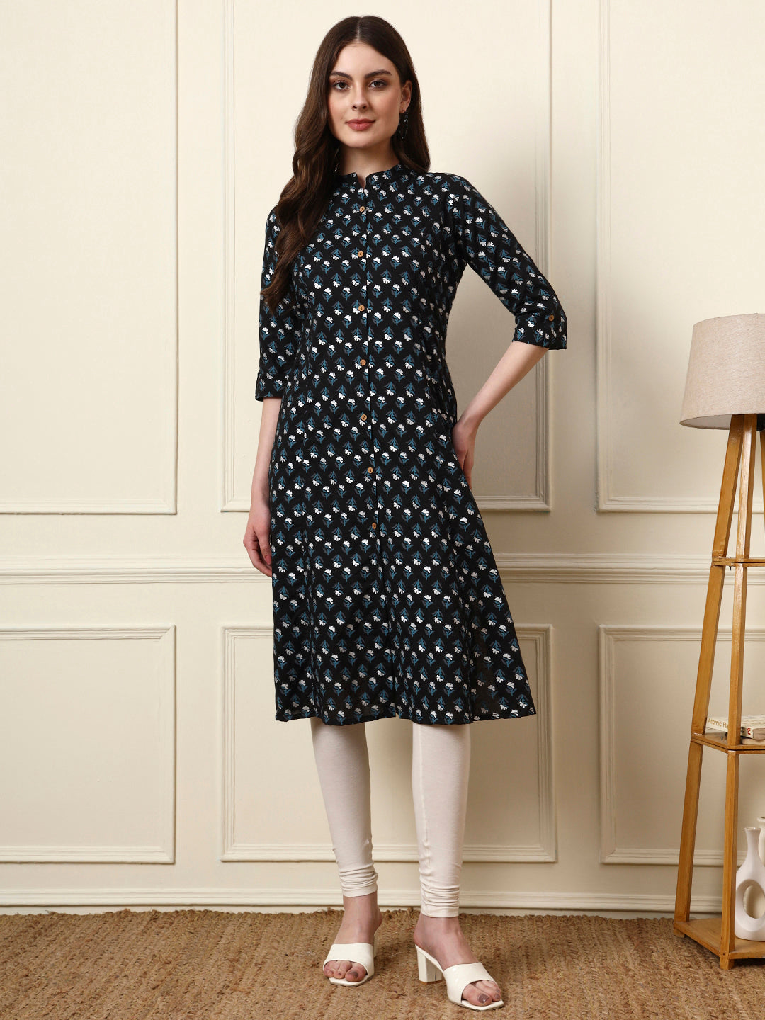 Black Mandarin Collar Floral Cotton A-Line Kurta