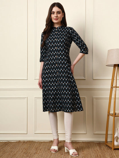 Black Mandarin Collar Floral Cotton A-Line Kurta