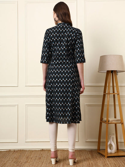 Black Mandarin Collar Floral Cotton A-Line Kurta