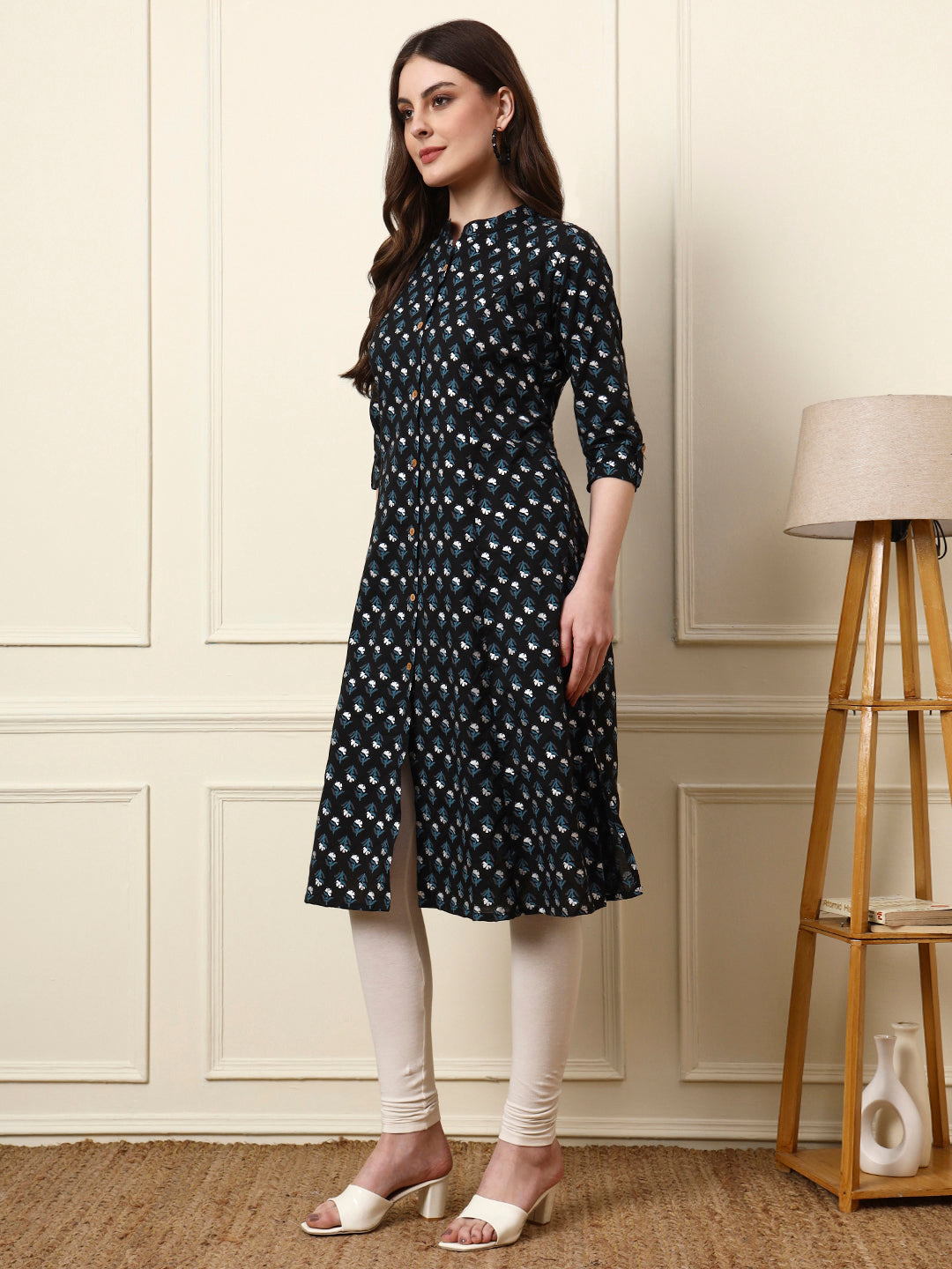 Black Mandarin Collar Floral Cotton A-Line Kurta