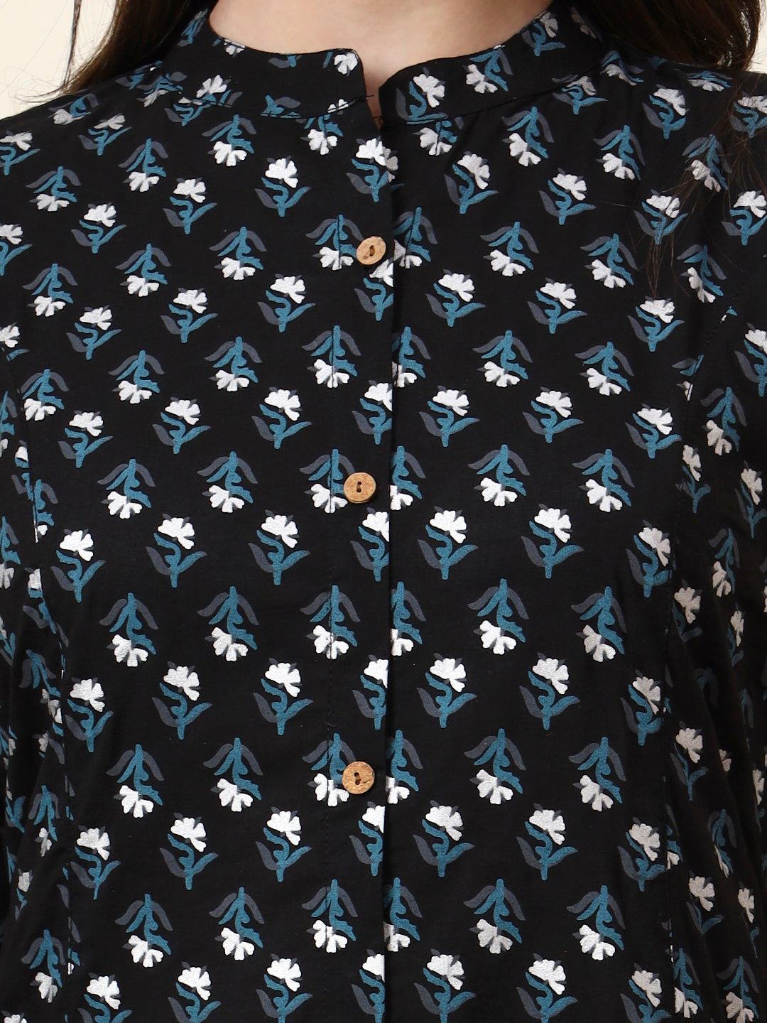 Black Mandarin Collar Floral Cotton A-Line Kurta