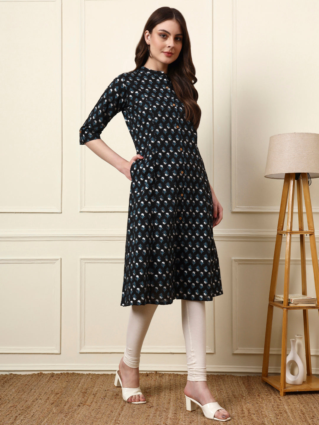 Black Mandarin Collar Floral Cotton A-Line Kurta