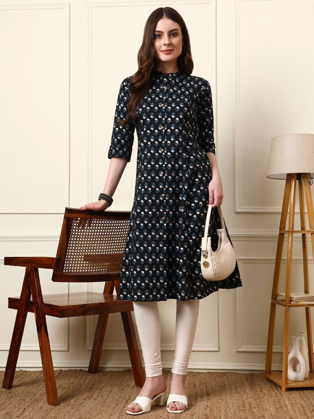 Black Mandarin Collar Floral Cotton A-Line Kurta