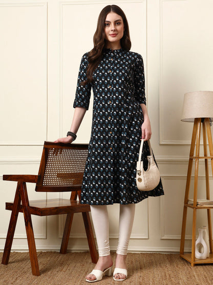 Black Mandarin Collar Floral Cotton A-Line Kurta