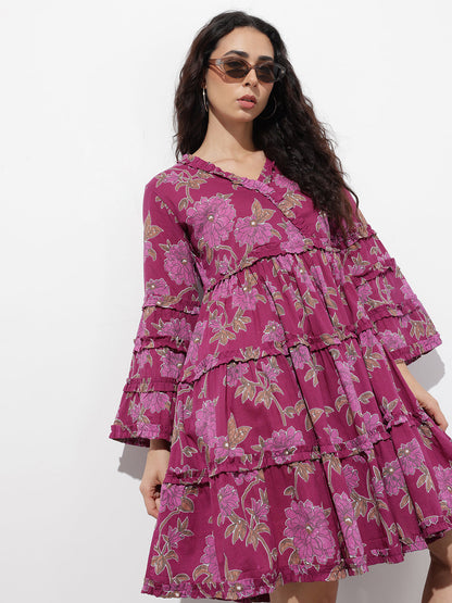 Purple V-Neck Midi Cotton Dress