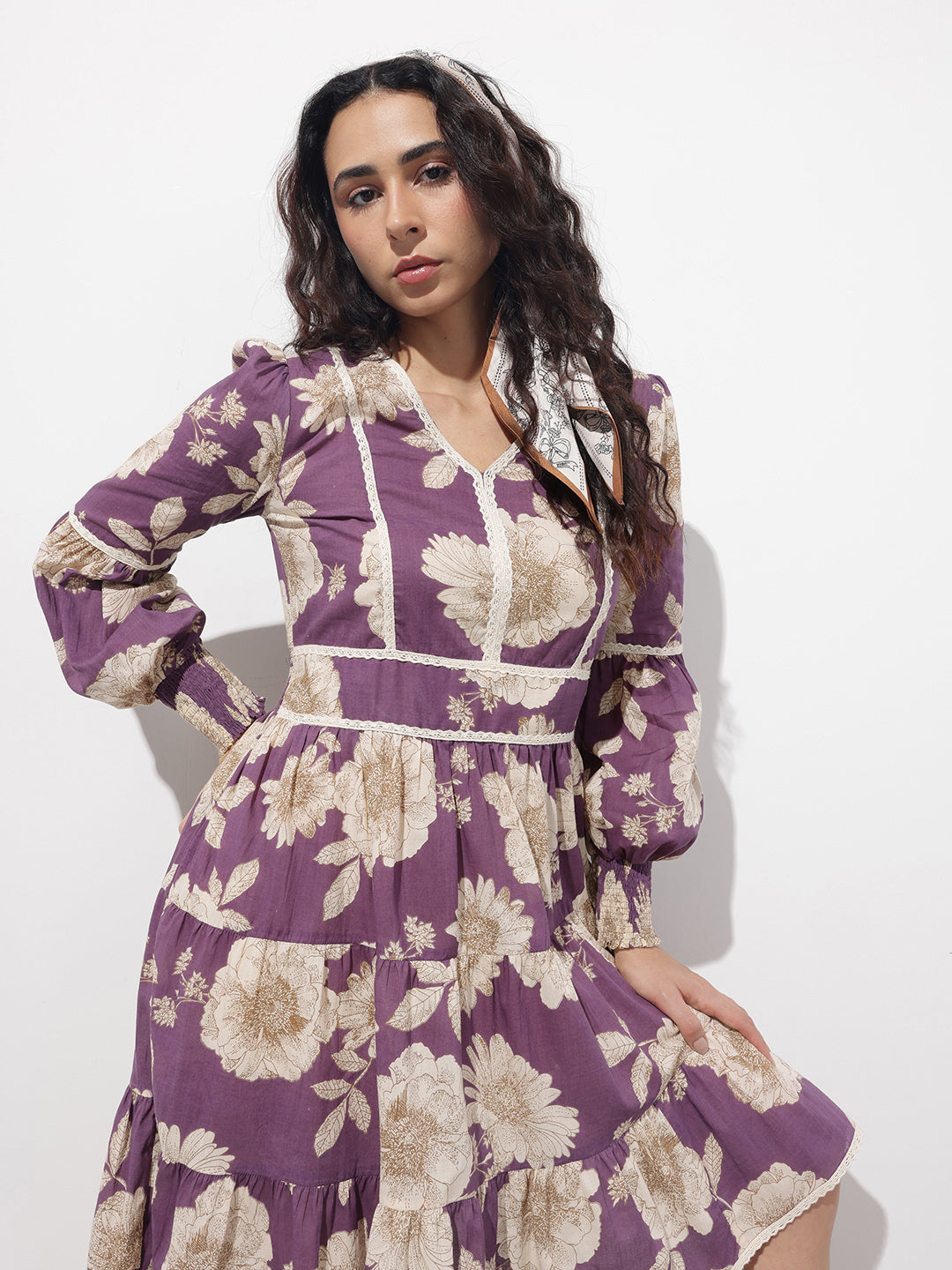 Purple V-Neck Midi Cotton Dress