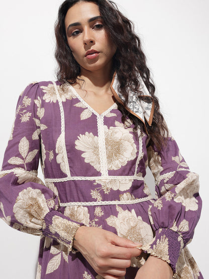 Purple V-Neck Midi Cotton Dress