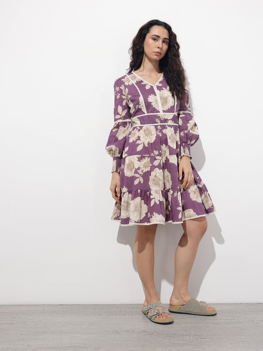 Purple V-Neck Midi Cotton Dress