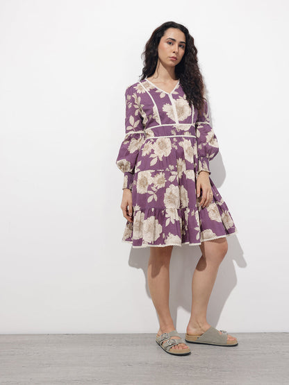 Purple V-Neck Midi Cotton Dress
