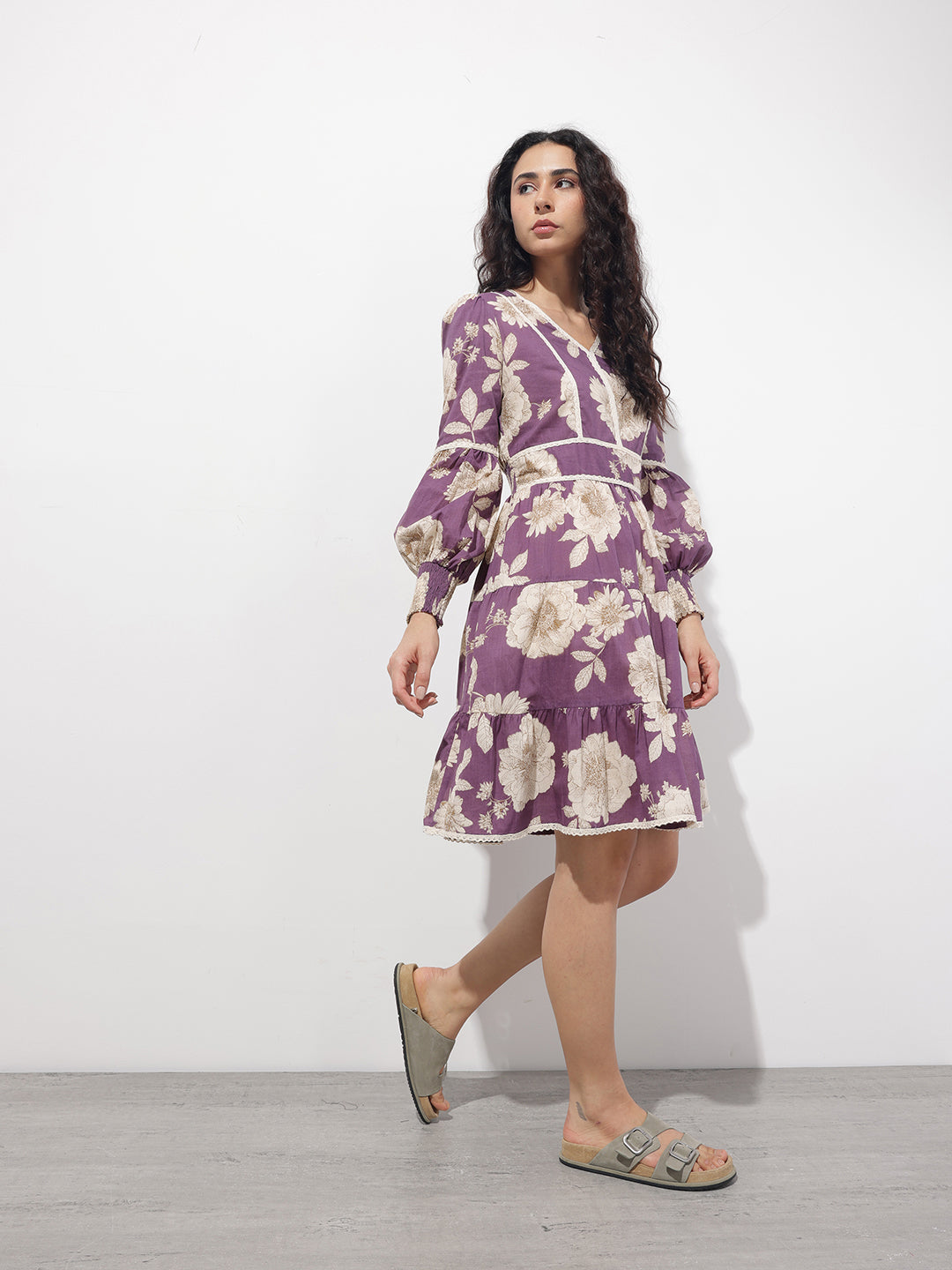 Purple V-Neck Midi Cotton Dress
