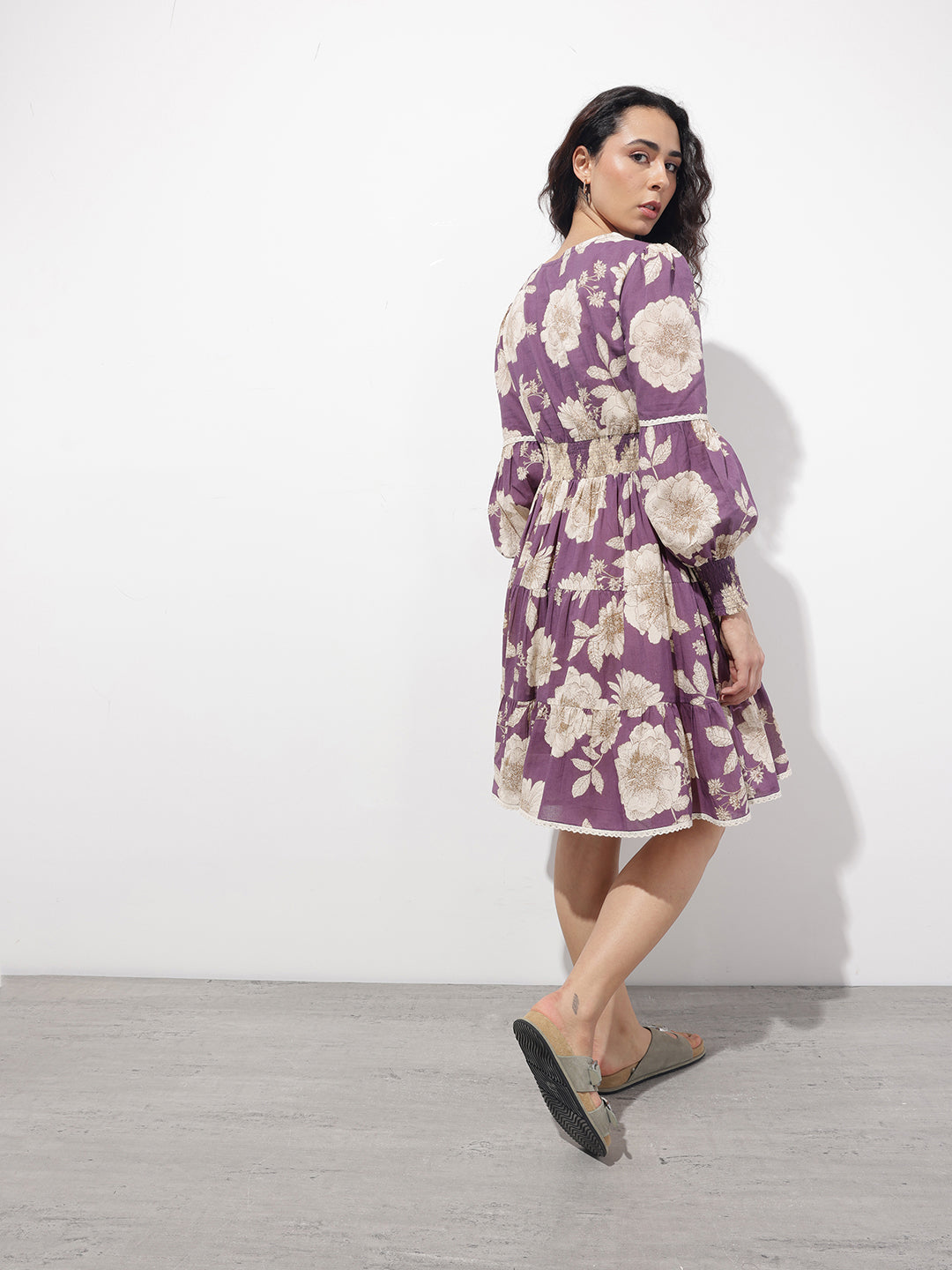 Purple V-Neck Midi Cotton Dress