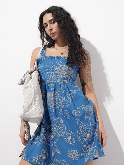 Blue Shoulder Strap Poplin Cotton Mini Dress