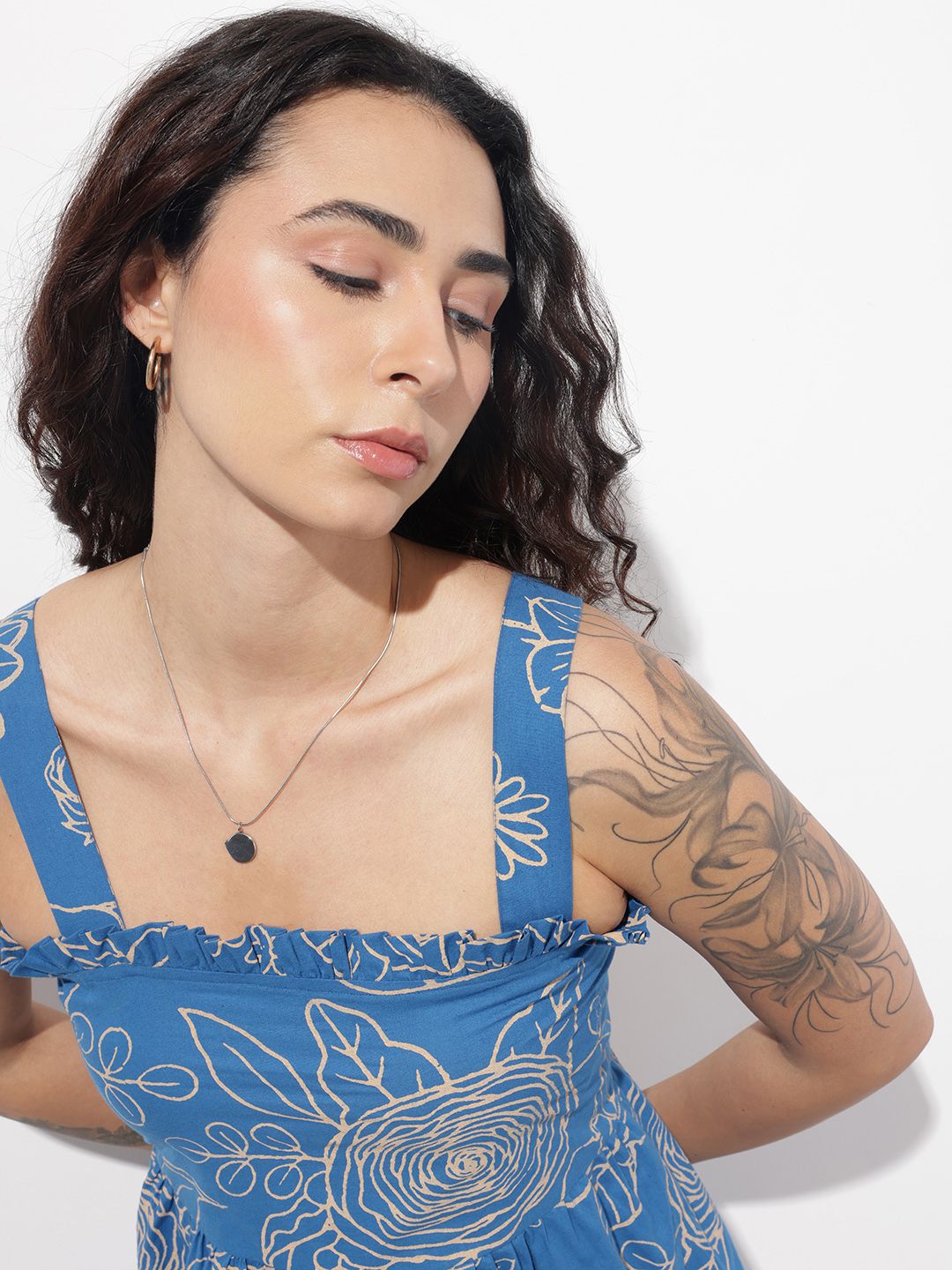 Blue Shoulder Strap Poplin Cotton Mini Dress