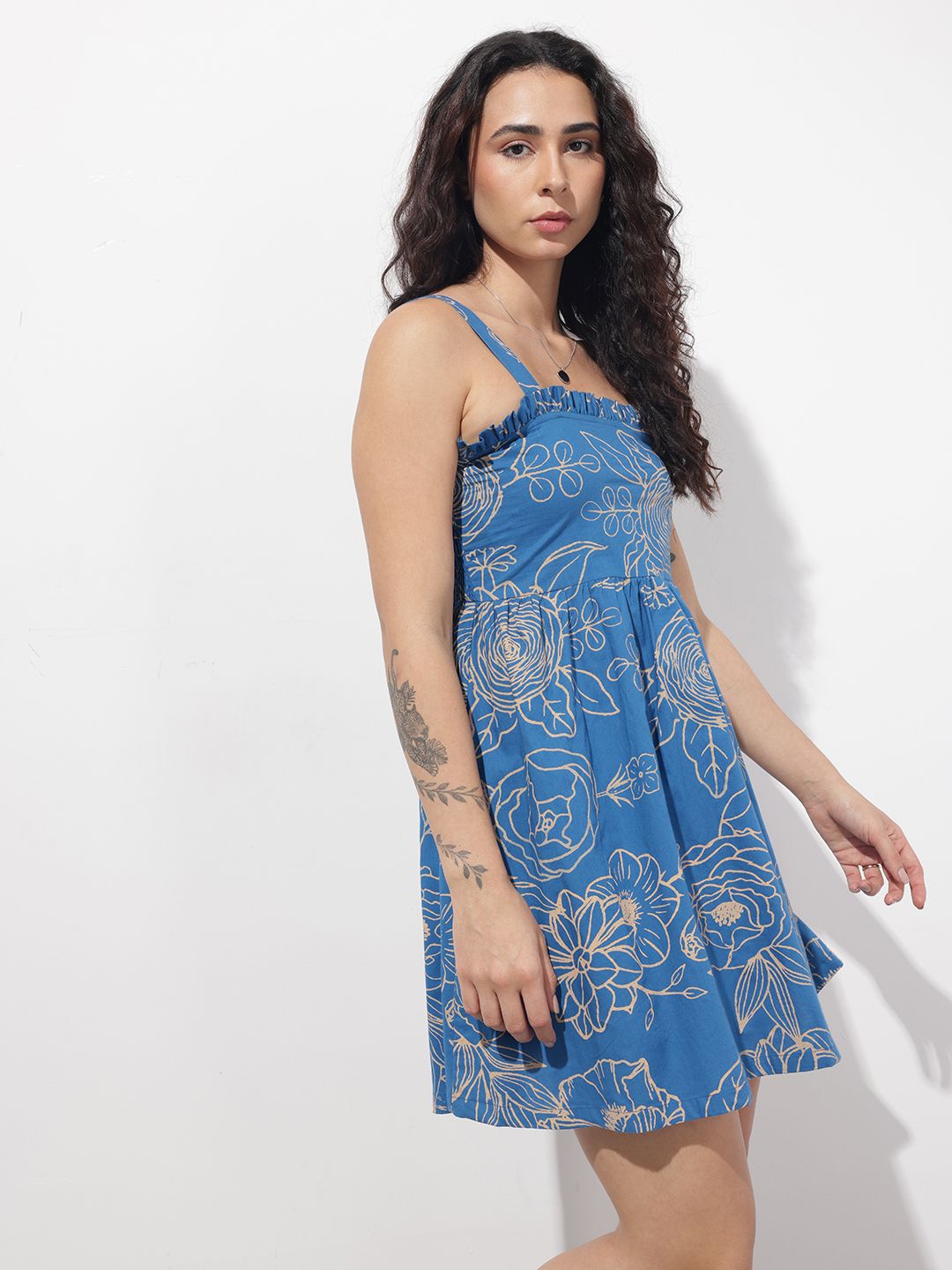 Blue Shoulder Strap Poplin Cotton Mini Dress
