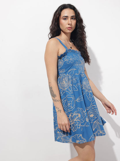 Blue Shoulder Strap Poplin Cotton Mini Dress