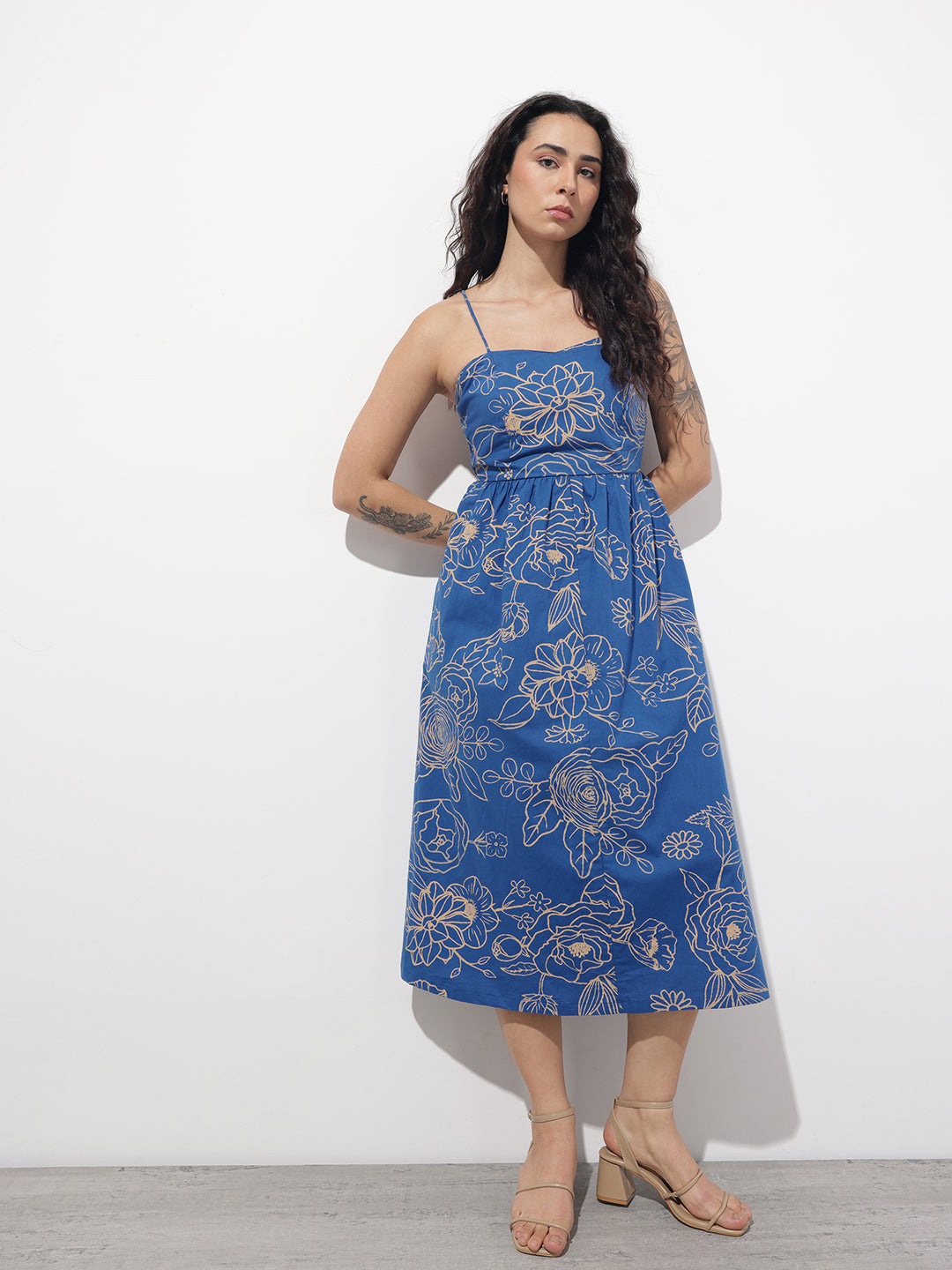 Blue Shoulder Strap Poplin Cotton Midi Dress