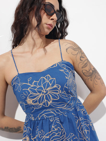 Blue Shoulder Strap Poplin Cotton Midi Dress