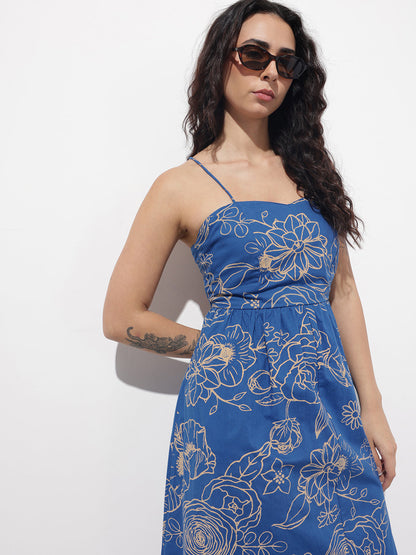Blue Shoulder Strap Poplin Cotton Midi Dress