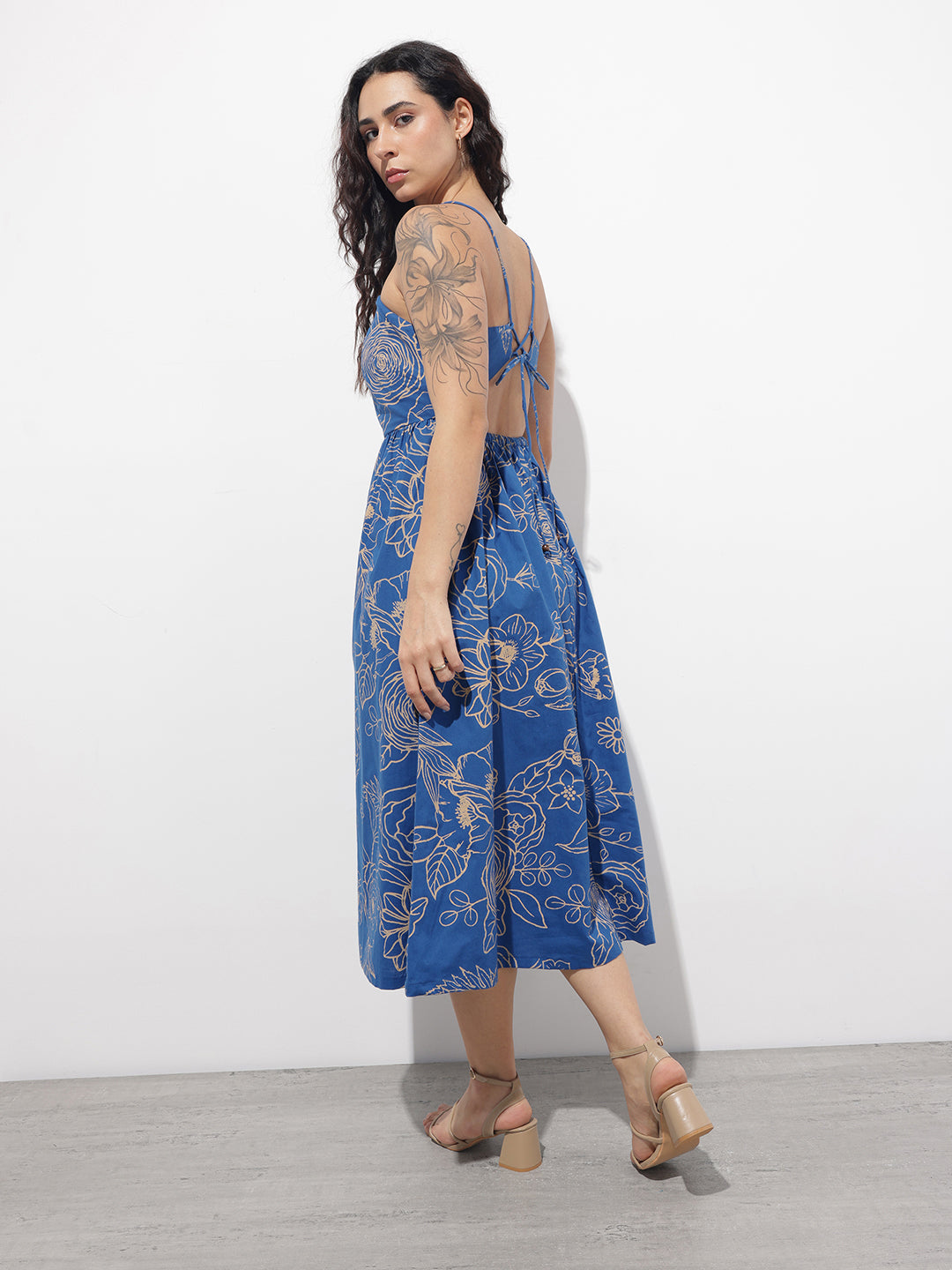 Blue Shoulder Strap Poplin Cotton Midi Dress