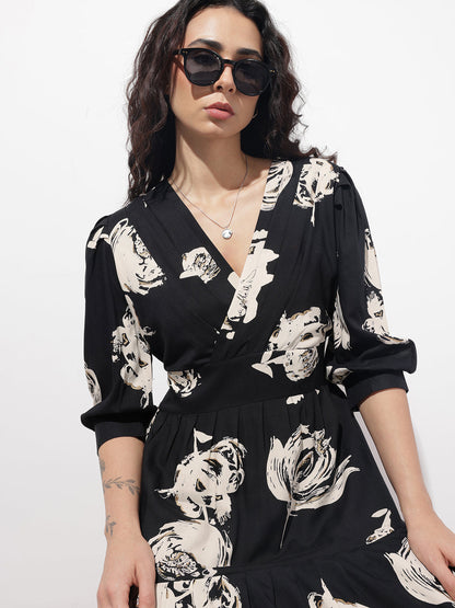 Black V-Neck Midi Rayon Dress
