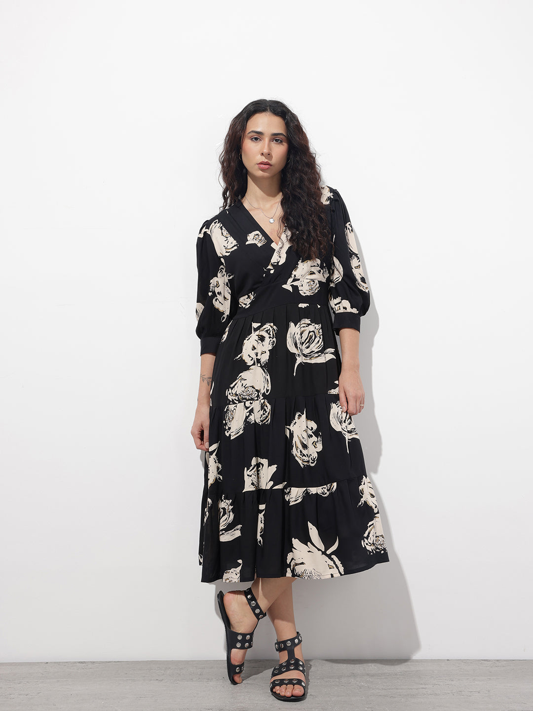 Black V-Neck Midi Rayon Dress