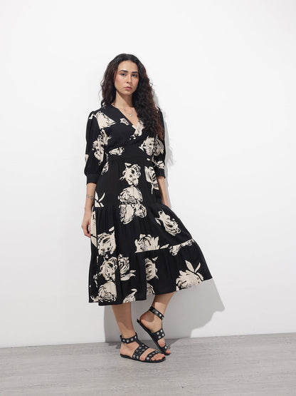 Black V-Neck Midi Rayon Dress