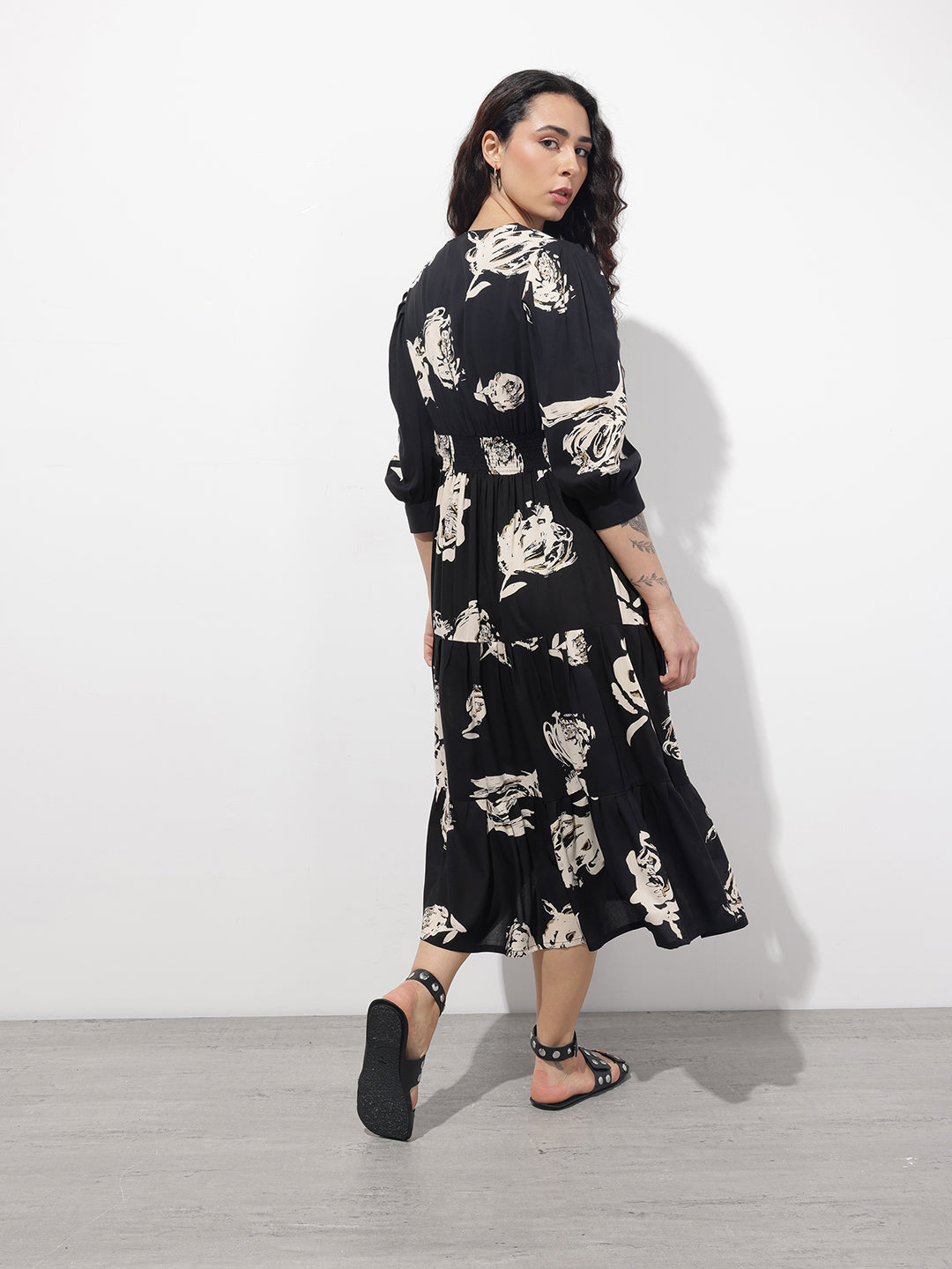 Black V-Neck Midi Rayon Dress